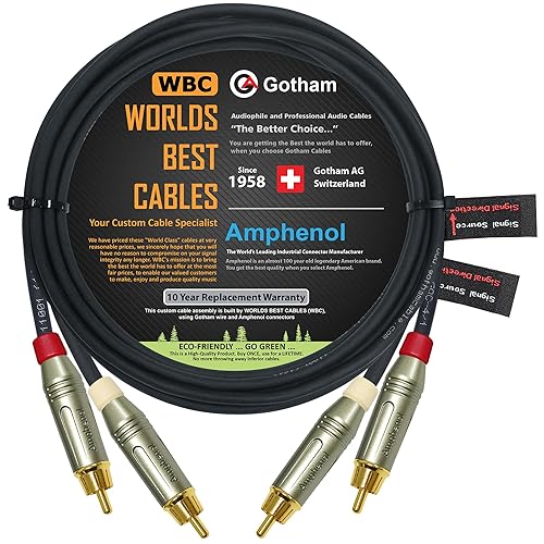 15 Foot RCA Cable Pair - Gotham GAC-4/1 (Black) Star-Quad Audio Interconnect Cable with Amphenol ACPR Die-Cast, Gold Plated RCA Connectors