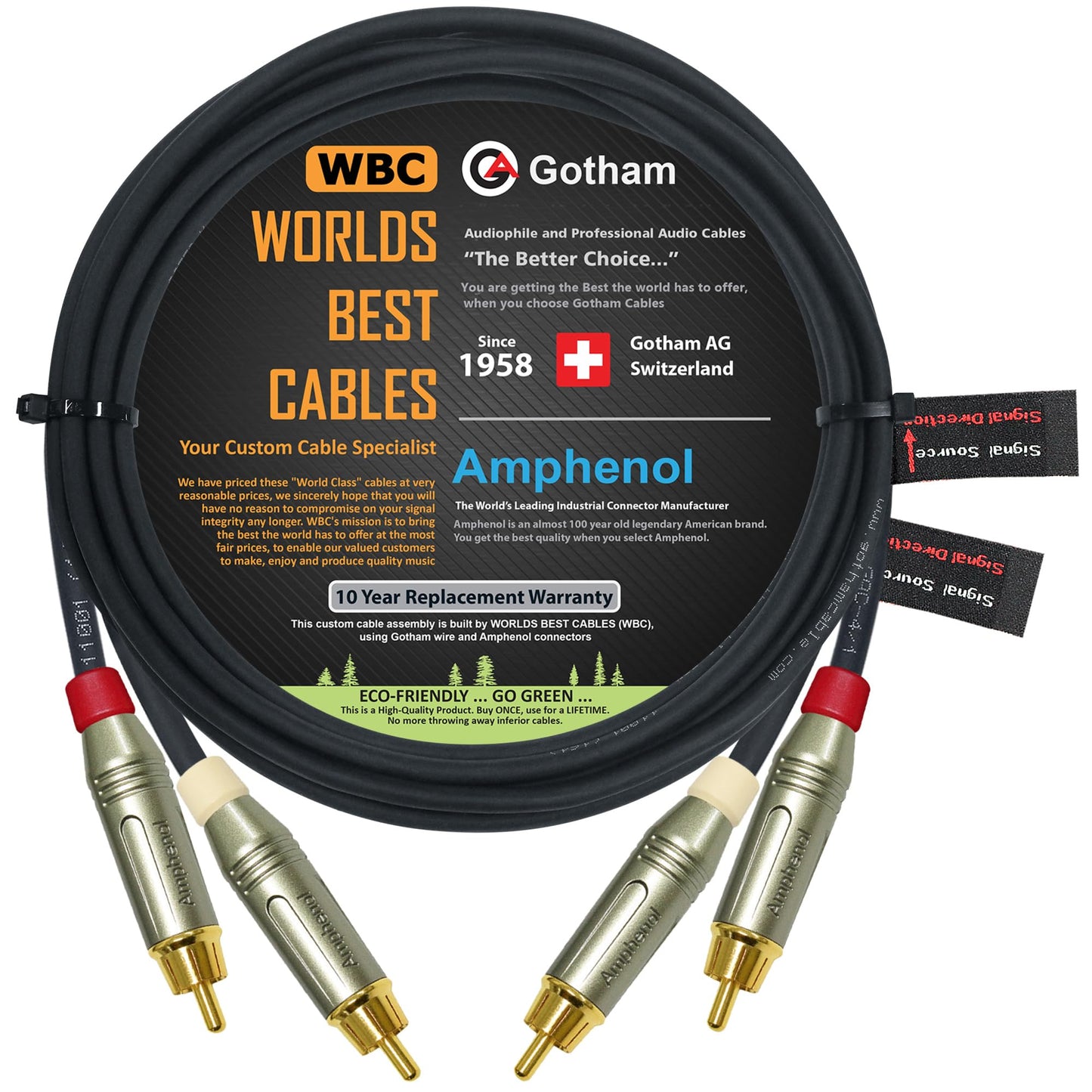 15 Foot RCA Cable Pair - Gotham GAC-4/1 (Black) Star-Quad Audio Interconnect Cable with Amphenol ACPR Die-Cast, Gold Plated RCA Connectors
