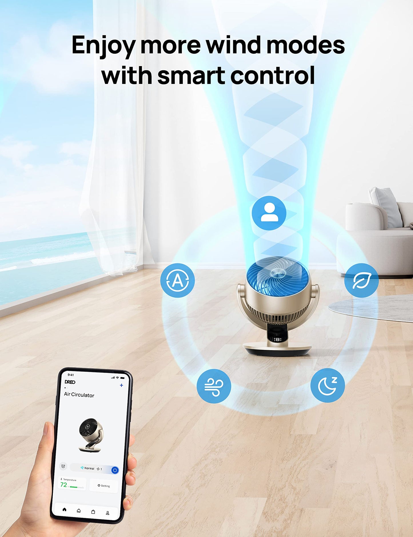 DREO Smart Desk Fan for Bedroom, 13" H Whole Room Air Circulator Fan, 120° Vertical Manual +90° Oscillating Fan with Voice/Google/Alexa, 70 ft, 4