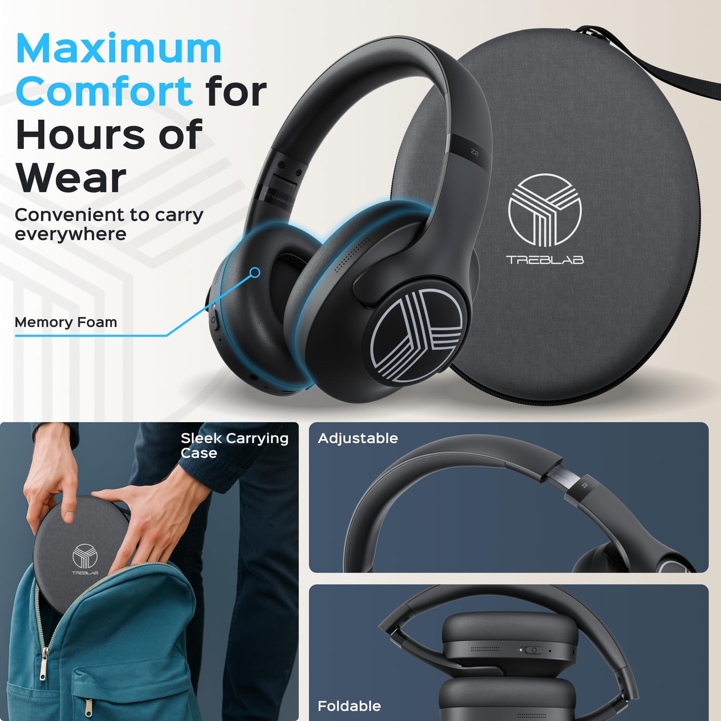 TREBLAB Z2 Hybrid Active Noise Cancelling Workout Headphones - Signature-HD Sound, Deep Bass, 58H Battery, Comfortable, Foldable Over Ear Bluetooth…
