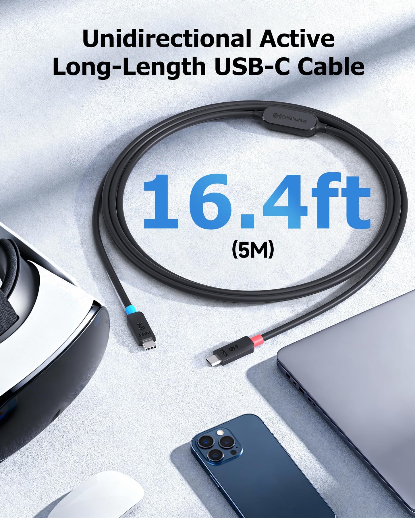Cable Matters Unidirectional 5Gbps Active USB C Cable 16.4 ft, Supports Up to [4K@60Hz Video, 5Gbps Data Transfer] for Apple Vision Pro, Meta Quest 3