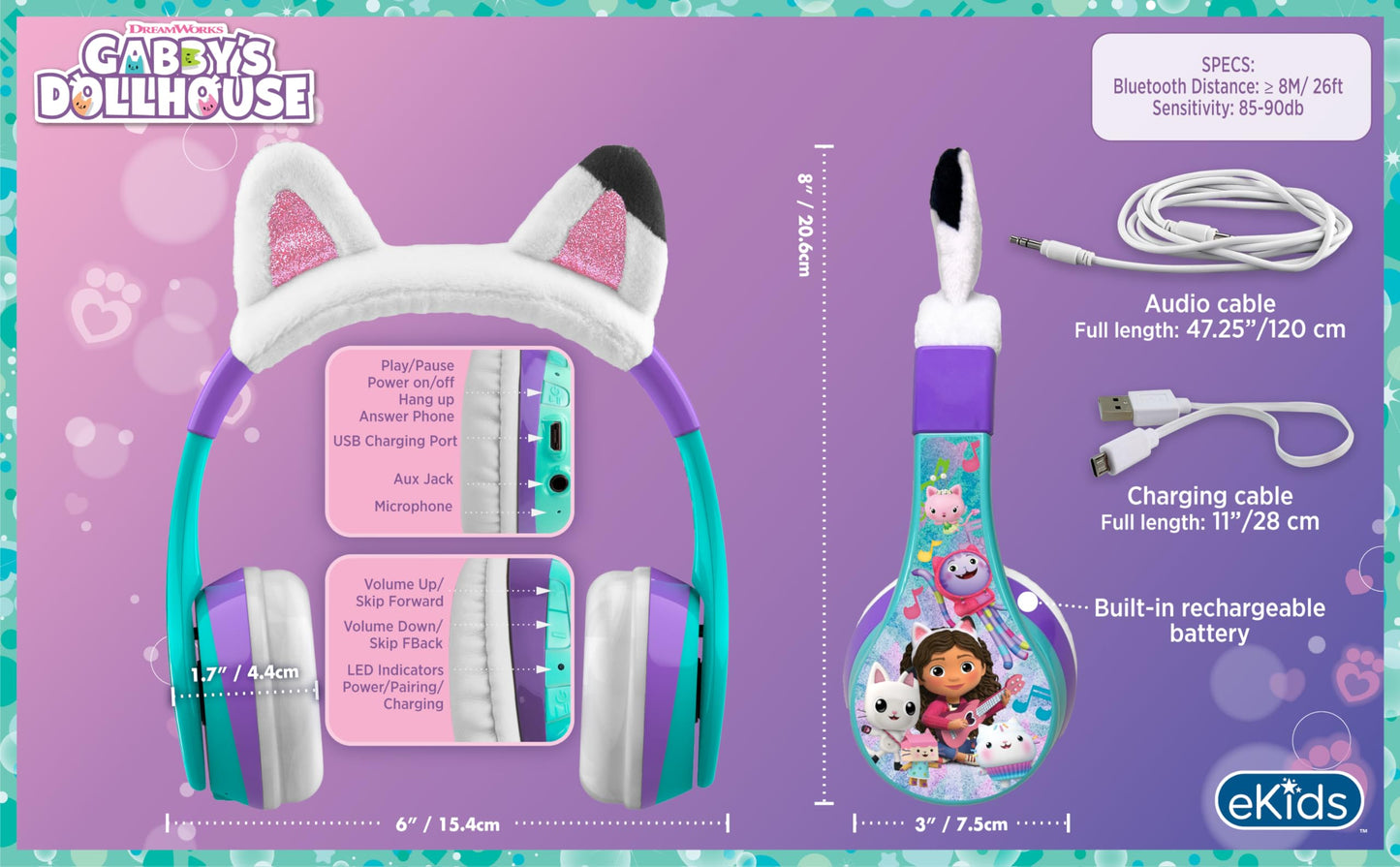 Gabbys Dollhouse Bluetooth Headphones for Kids, Wireless Headphones