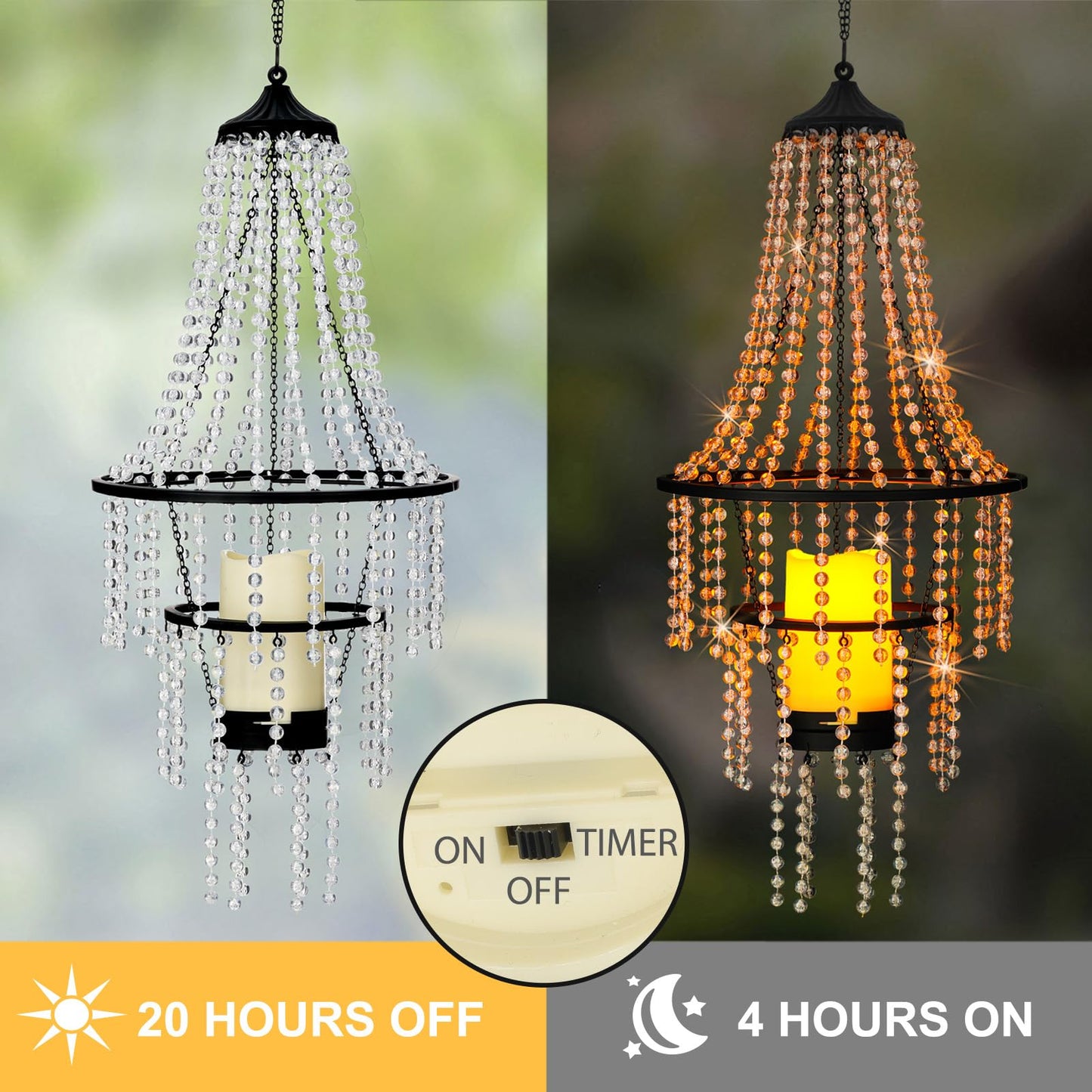 Hanging Candle Chandelier Outdoor, Battery Operated Clear Acrylic Beaded Chandelier with Flickering Led Candle Light S Hooks Modern Lantern for Garden