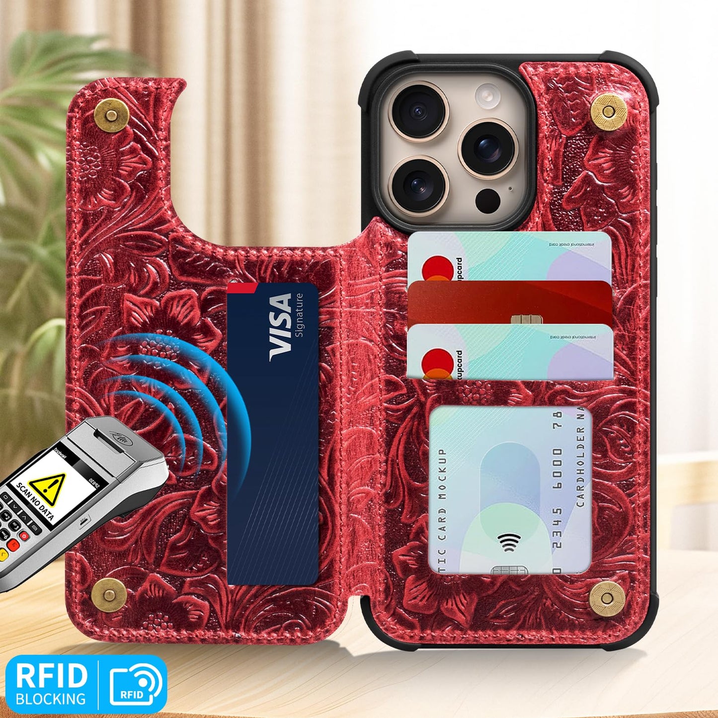 RMAWRAD Wallet Real Leather Case Compatible with iPhone 15 Pro Max 6.7" Red