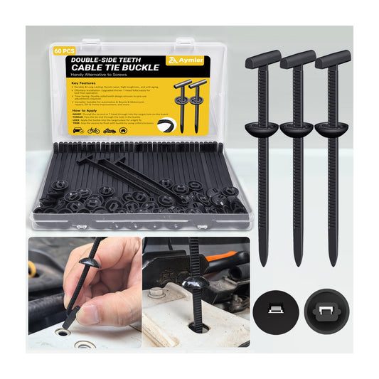 Aymier 60Pcs Upgraded Double-Side Teeth Self-Locking Nylon Universal Cable Tie Buckle, T Rivet Zipties Ties Holders Kit for Car Fender Trunk Bumper