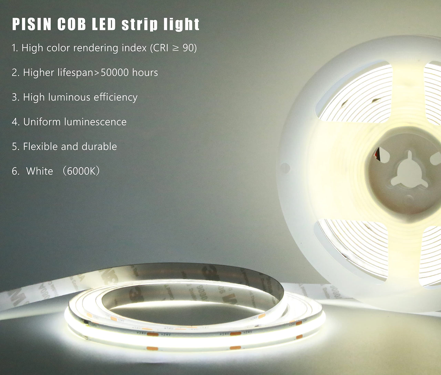 PISIN 12V COB LED Strip Light White 6000K IP20 Uniform Light Emitting 480LEDs/M 16.4FT/5M CRI90 Flexible Can be Cropped LED Light Strip Cabinet Home