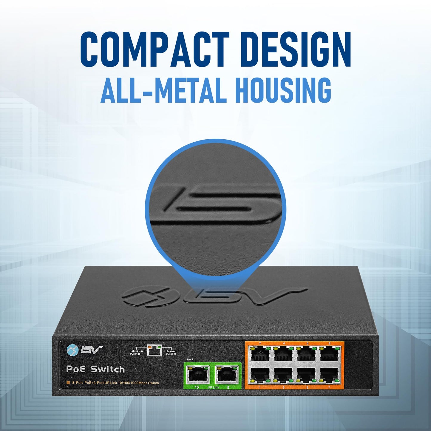 BV-Tech 8 Gigabit PoE+ Ports with 2 Enthernet Uplink, 130W, 802.3af/at POE-SW802G