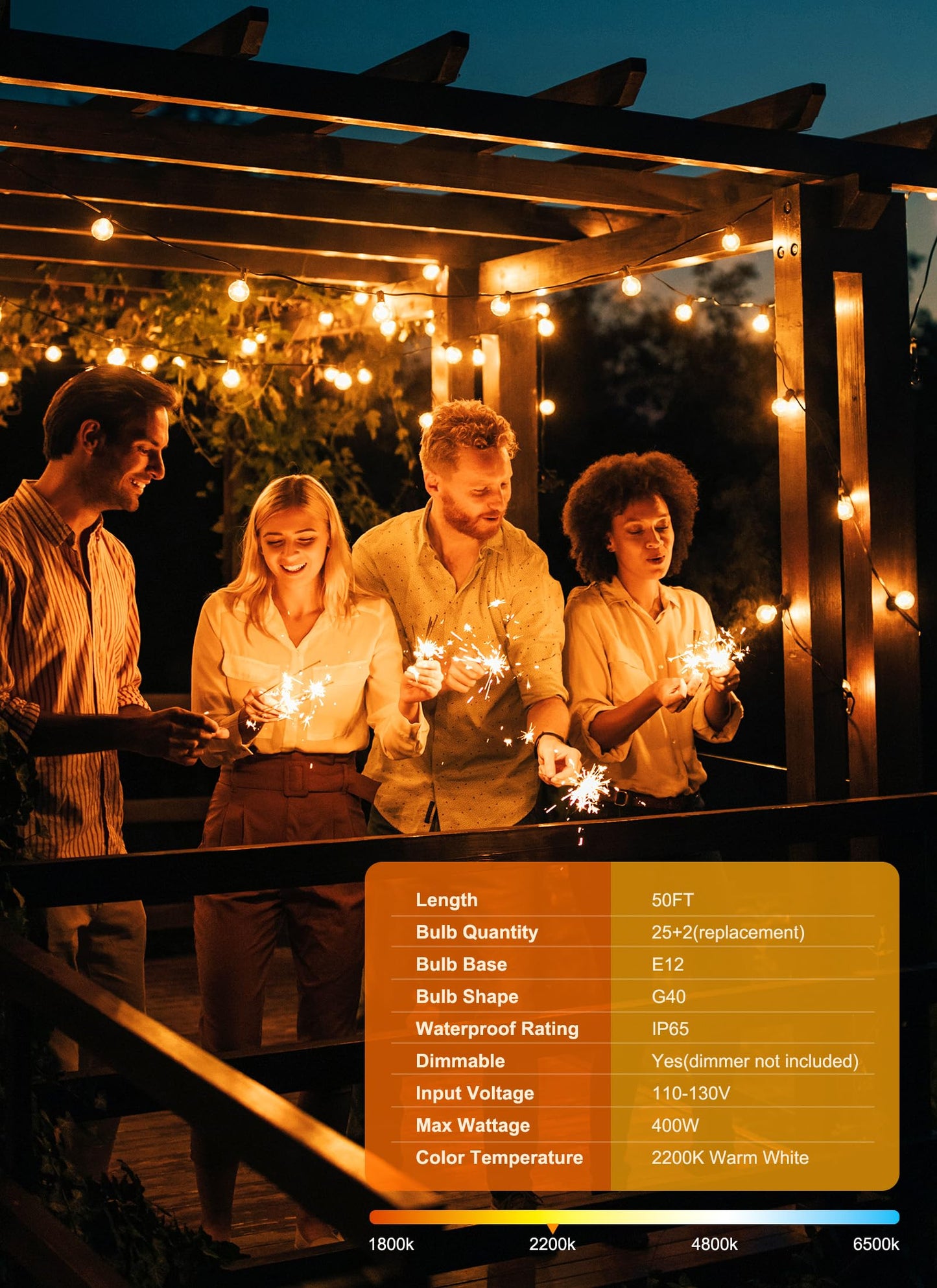 Brightown Outdoor String Lights, 50FT 25 G40 Bulbs Shatterproof Patio Lights, IP65 Waterproof Dimmable Hanging Connectable Globe LED Outdoor Lights