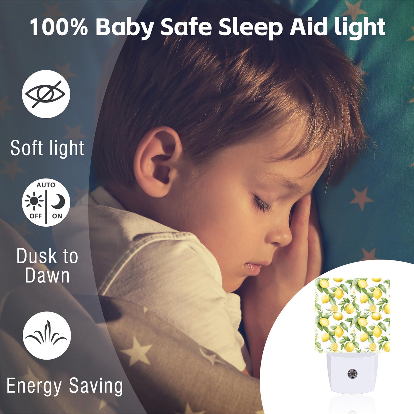 sndheke Lemon with Flowers Night Light, Fresh Lemon Fruits Floral Dusk to Dawn Night Light Plug in,0.5w Energy Saving Sleep Friendly Nightlights