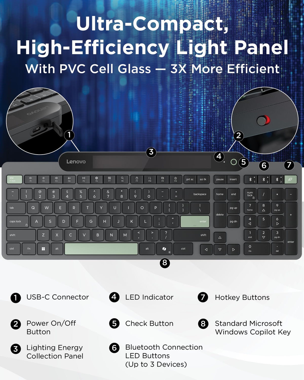 Lenovo 800 Self-Charging Bluetooth Keyboard, Uses Ambient Light, Bluetooth 5.1, Supports 3 Devices, Battery Free, Wireless, Grey