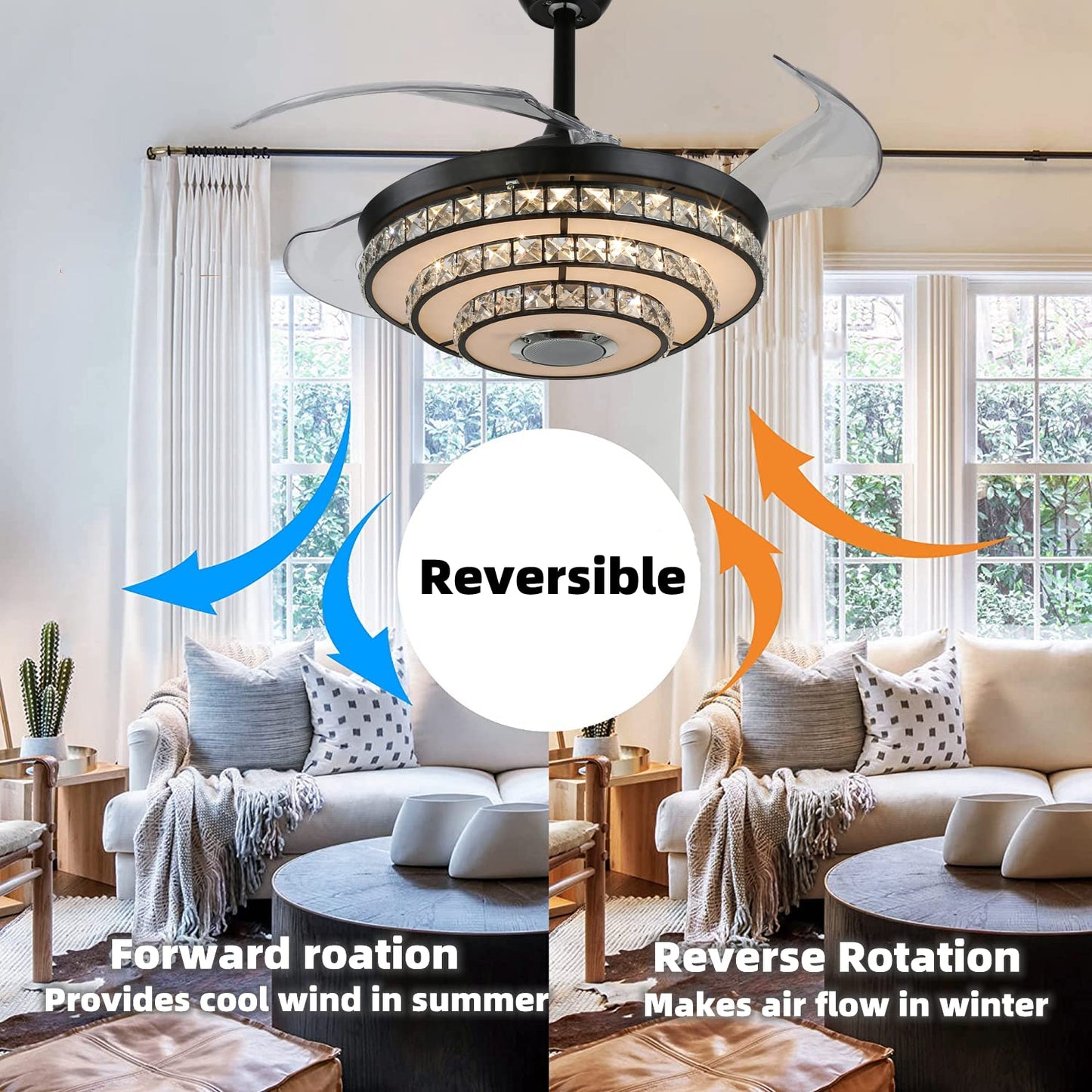 FANEPRO 42" Smart Ceiling Fan with Lights and Bluetooth Speaker, Retractable Black Fandelier RGB Color Dimmable LED Crystal Chandelier Fans