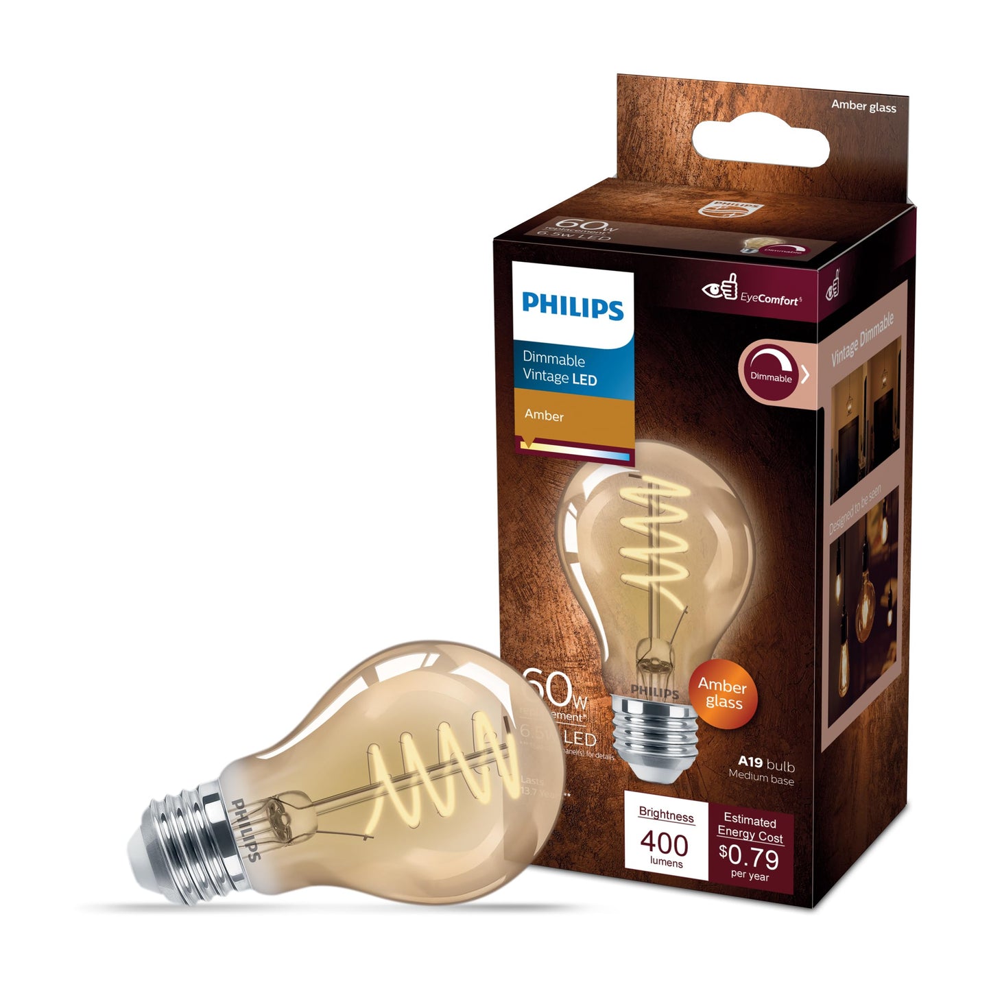 PHILIPS LED 60 W A19 Vintage Edison Spiral Amber, 1-Pack