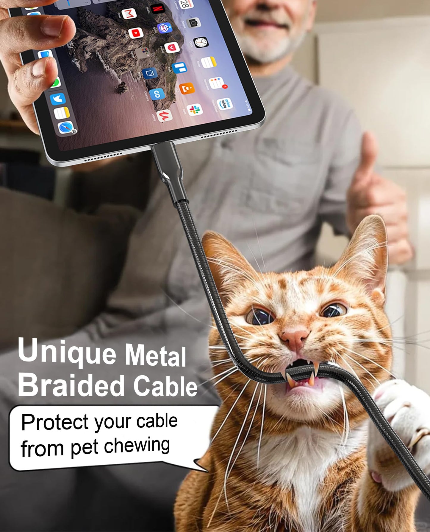 13Ft Metal Lightning Cable Pets Chew Proof iPhone Charger Cord - MFi Heavy Duty Metal Braided Cable Dog Puppy Cat Proof Cord with 3A Fast Charging…