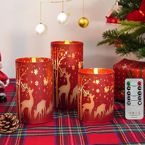 Daord LED Candles Flameless Candle with Remote Control and Timer Glass Covered Cups Real Wax for Christmas Thanksgiving Party Decor (3pcs?Red)