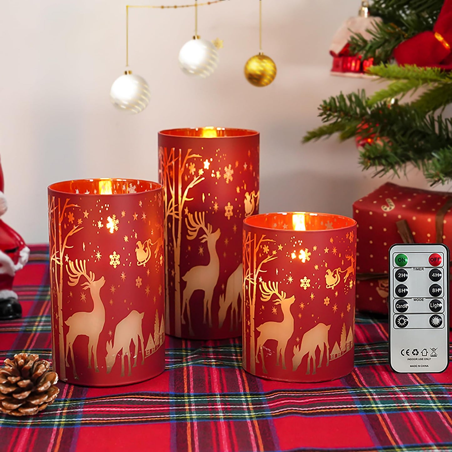 Daord LED Candles Flameless Candle with Remote Control and Timer Glass Covered Cups Real Wax for Christmas Thanksgiving Party Decor (3pcs?Red)