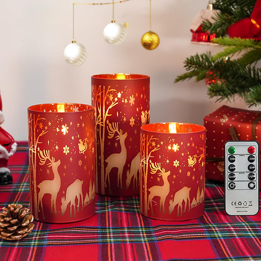 Daord LED Candles Flameless Candle with Remote Control and Timer Glass Covered Cups Real Wax for Christmas Thanksgiving Party Decor (3pcs?Red)