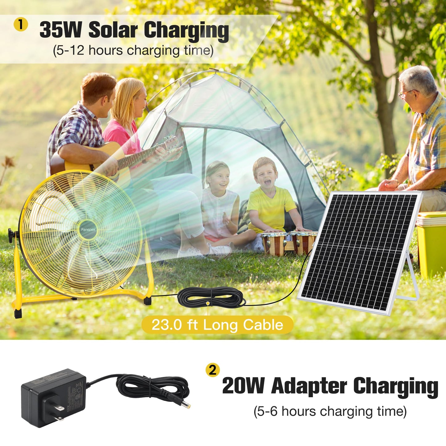 Fanspex 20" Solar Rechargeable Floor Fan for Outdoor Gazebo Greenhouse Barn