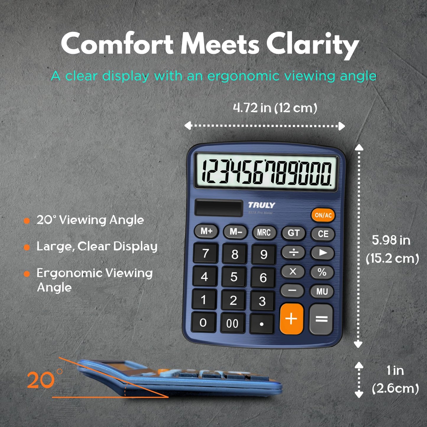 TRULY 12 Digits Desktop Calculator with Large LCD Display and Sensitive Button, Dual Solar Power and Battery, Standard Function for Office, Home