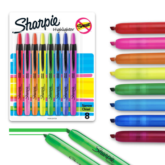 Sharpie Retractable Highlighters, Chisel Tip, Assorted Colors, Smear-Resistant, 8 Count - Teacher Essentials, Back to School Supplies