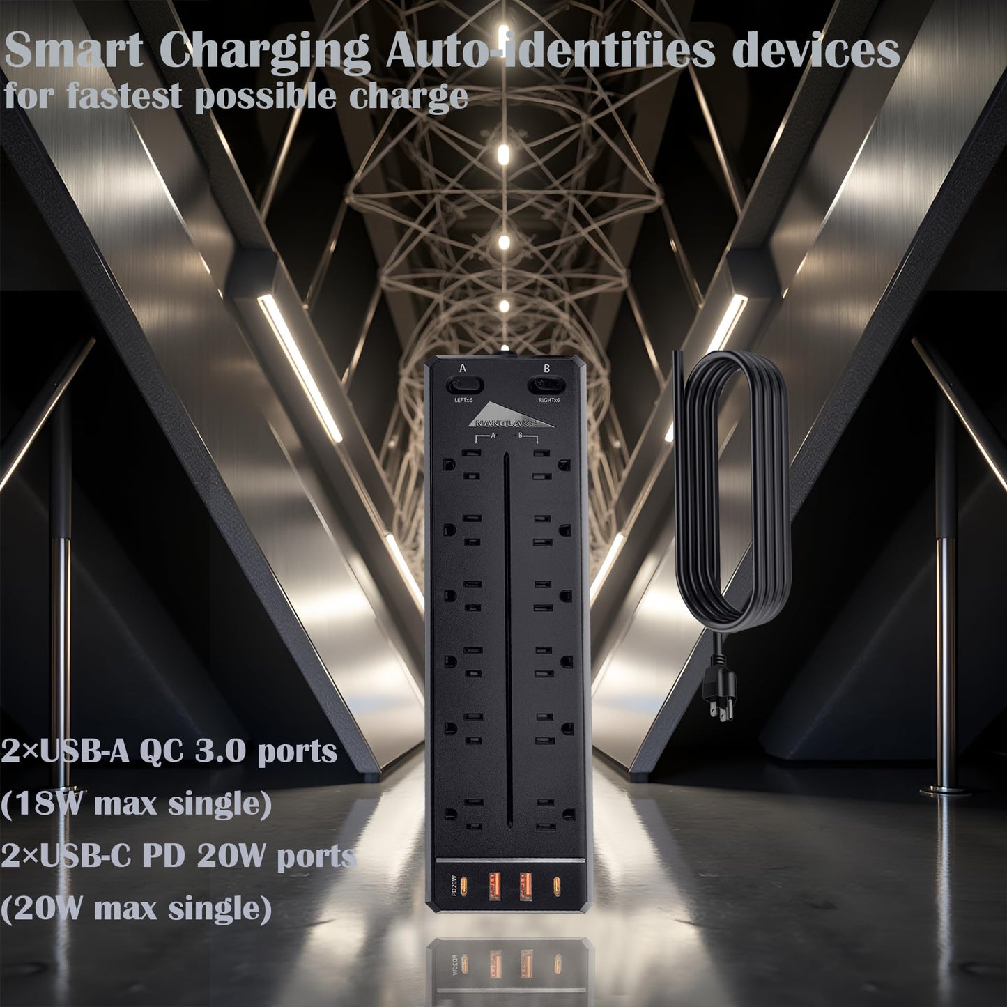 Heavy Duty Power Strip Surge Protector,20A 2500W,Widely 12 Outlets/Dual Switches,20W Fast Charging/PD 20W/QC3.0,350 Joules Protection,12 Gauge 6.5ft
