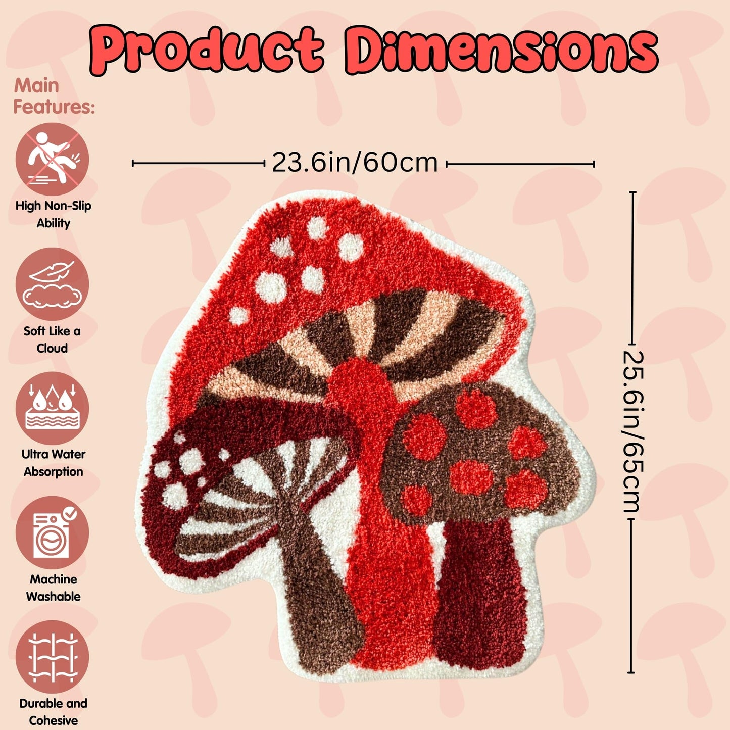BeauWoven Mushroom Rug - Washable Bath Mat Non-Slip Bathroom Rug Absorbent Mat for Kids and Women Ideal Red Mushroom Decor Rugs for Bedroom, Kitchen