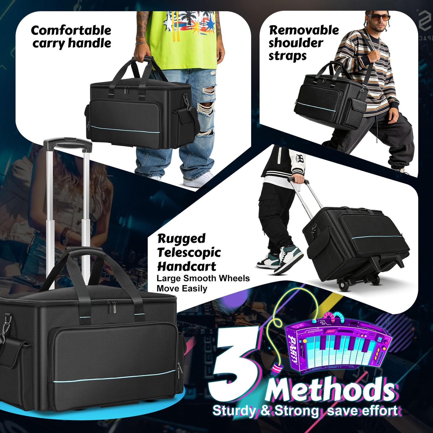 DJ Cable Bag, Rolling DJ Cable Bag with Detachable Trolley & Dividers, Large Capacity Gig Bag with Laptop Compartment, Professional Organizer Bag for