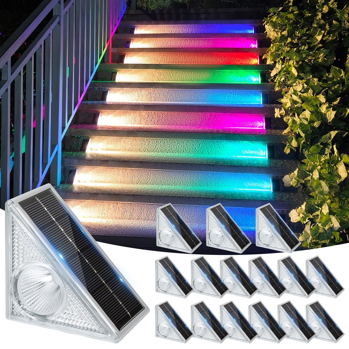 Ellasay Stair Lights Outdoor 16 Pack,10 Color Modes Solar Step Lights for Outside, Waterproof IP65 Solar Lights for Garden Stair,Patio,Deck,Yard,Front