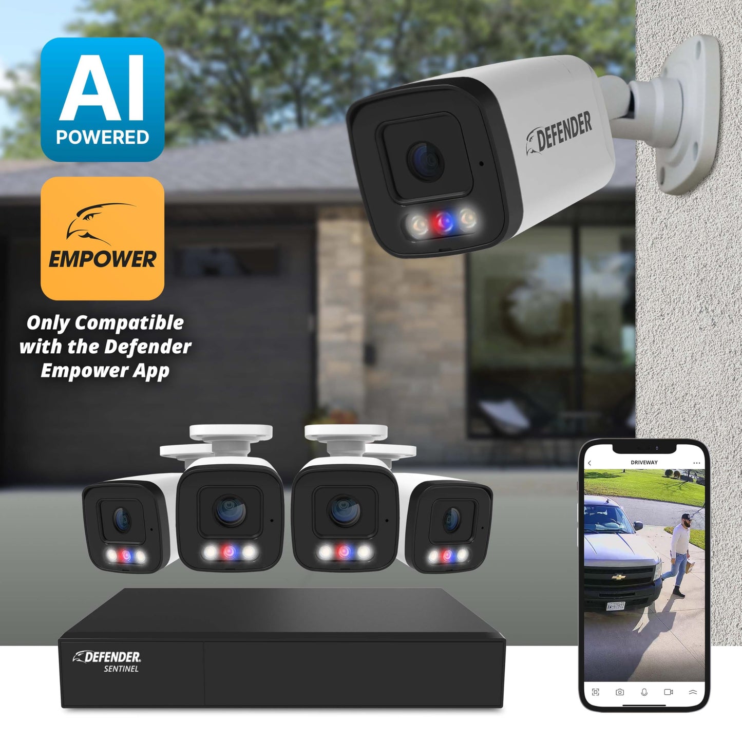 Defender AI Powered Sentinel Pro Turret 8CH NVR PoE Security Camera System, 4pc Metal Turret Cameras, 109° Wide Angle, IP66 Rated, Audio Recording