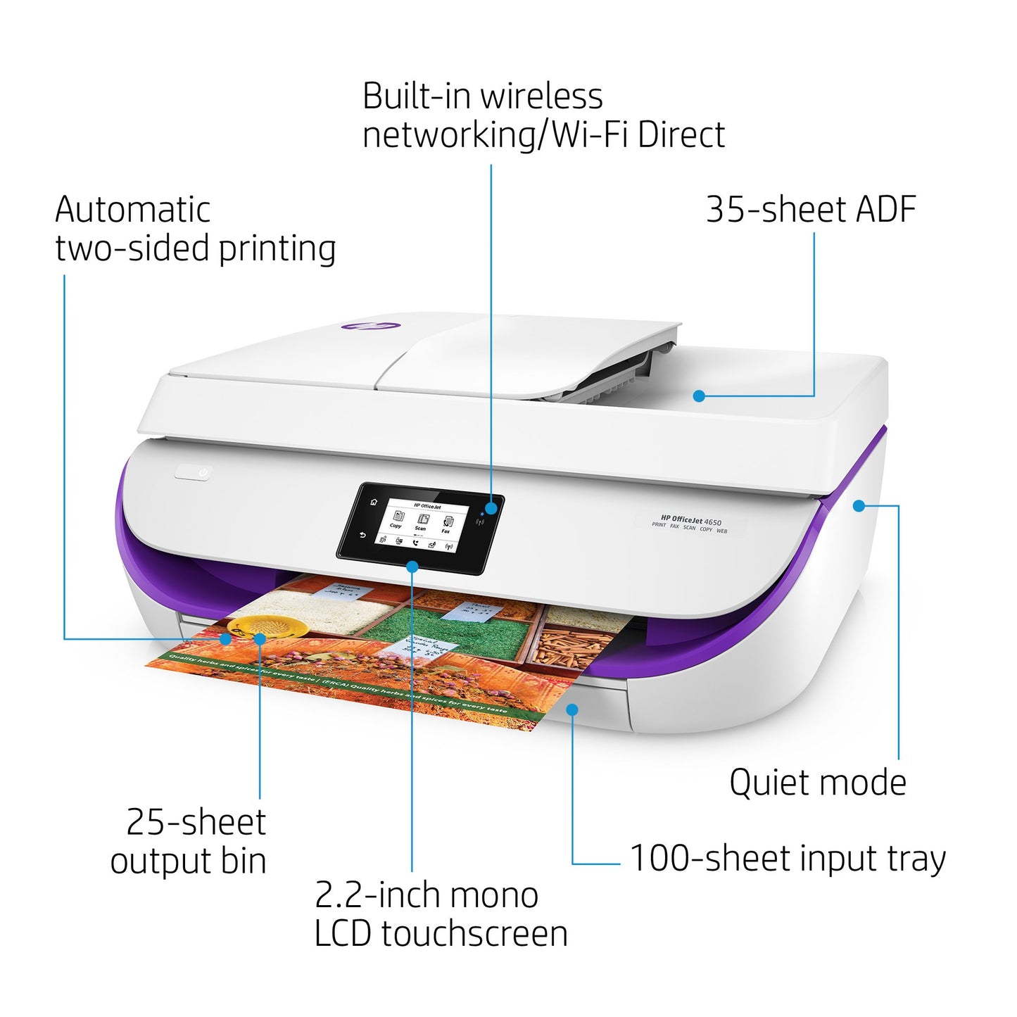 HP OfficeJet 4650 Wireless All-in-One Photo Printer with Mobile Printing, Instant Ink Ready - Purple Trim (F9D37A)
