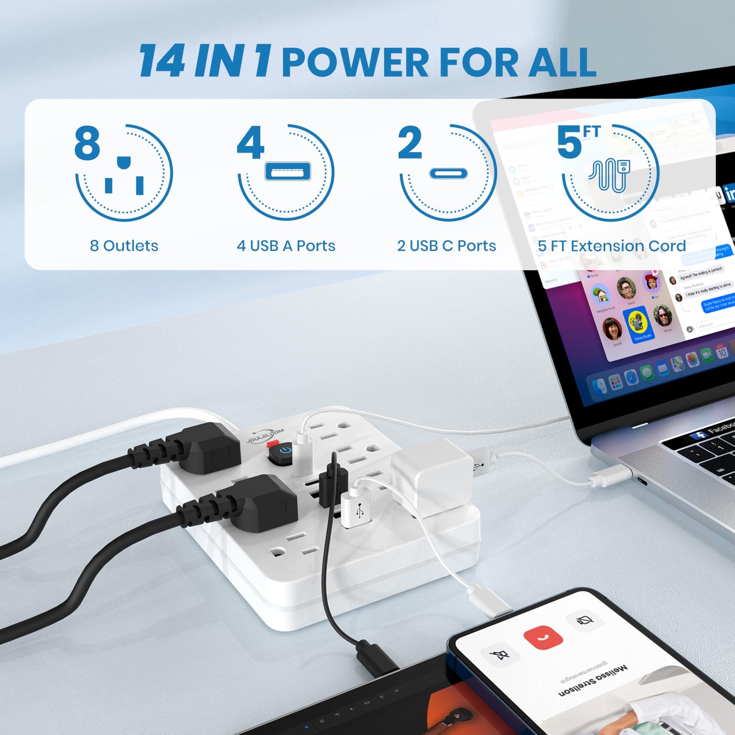 JouleLoom Power Strip Surge Protector with 8 Outlets, 4 USB and 2 USB C Ports, 5 Ft Extension Cord, Flat Plug, Wall Mount, Overload Protection Desk