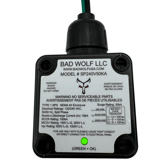 Bad Wolf SP240V50KA Type 1 Whole House Surge Protector 120/240VAC Split Phase (3-Wire L1/L2/G), 50kA/Phase ITMOV, NEMA 4X Waterproof, LED Status, UL