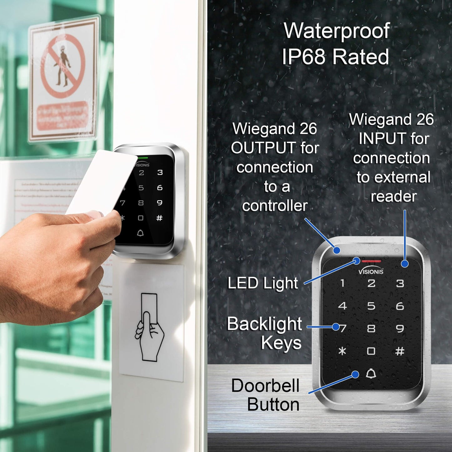 Visionis FPC-5661 VIS-3000 Access Control Indoor + Outdoor Rated IP68 Keypad + Reader Standalone, Wiegand 26, No Software, EM Cards, 1000 Users Kit +
