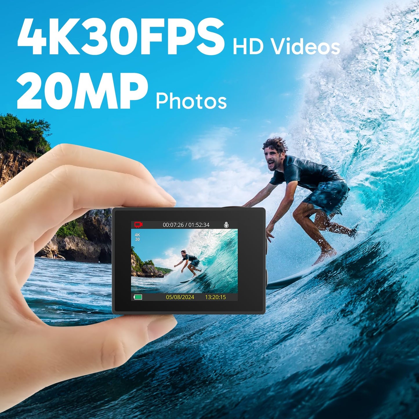 AKASO EK7000 4K30fps Action Camera with 64GB MicroSDXC U3 Memory Card Accessories Kit Bundle Ultra HD 131FT Waterproof Underwater Camera EIS WiFi