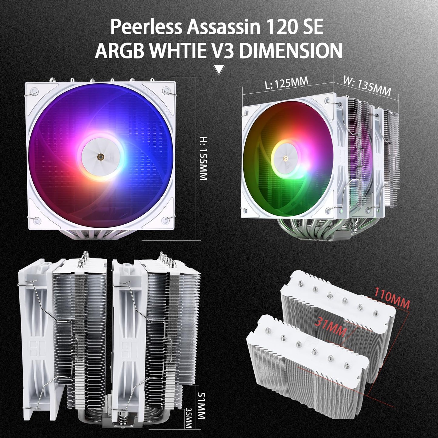 Thermalright Peerless Assassin 120 SE ARGB White V3 CPU Cooler, 6 Heat Pipes AGHP Technology, Dual 12cm PWM Fans, 2000RPM Speed, AMD Ryzen