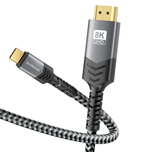 BlueRigger 8K USB C to HDMI Cable (10FT, 8K 60Hz, Uni-Directional, 48Gbps, USB Type C 3.1, HDMI 2.1 Premium Braided Cord, USBC to HDMI) - Thunderbolt