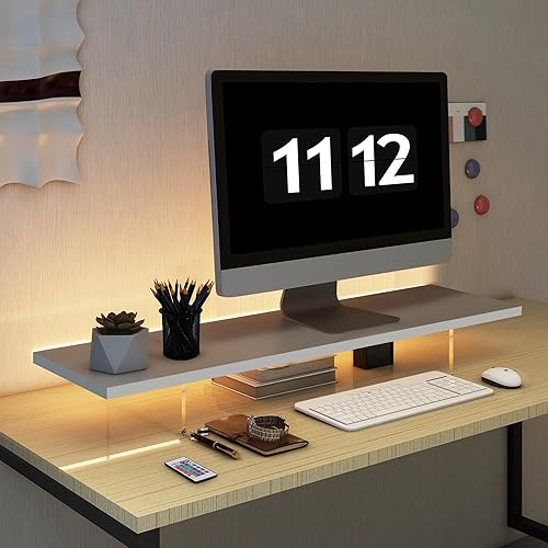 LA QUEENIE Monitor Stand Riser,Wood & Acrylic Computer Monitor Stand with LED Light,Desk Accessories Desktop Organizer Stand