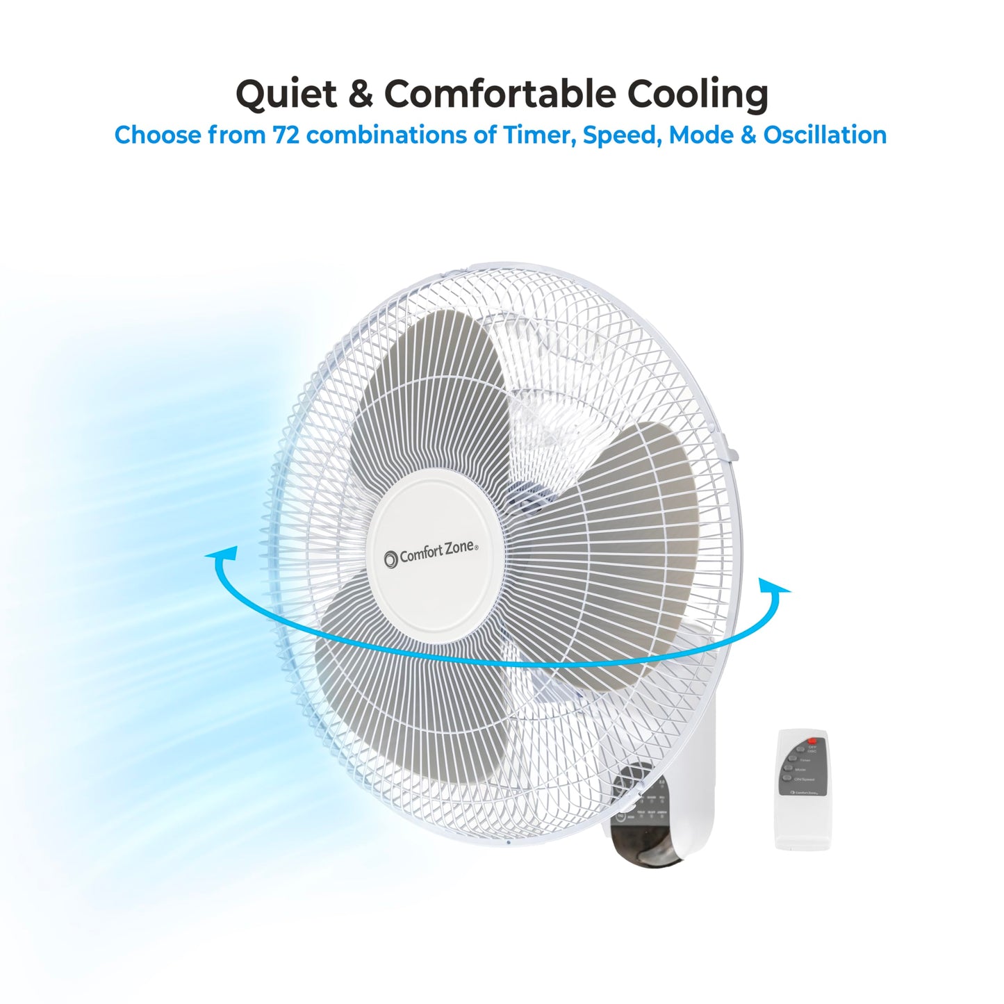 Comfort Zone Oscillating Wall Mount Fan with Remote Control, Timer, Auto Shut Off, Adjustable Tilt, Quiet, 16 inch, 3 Speed, Ideal for Home, Bedroom