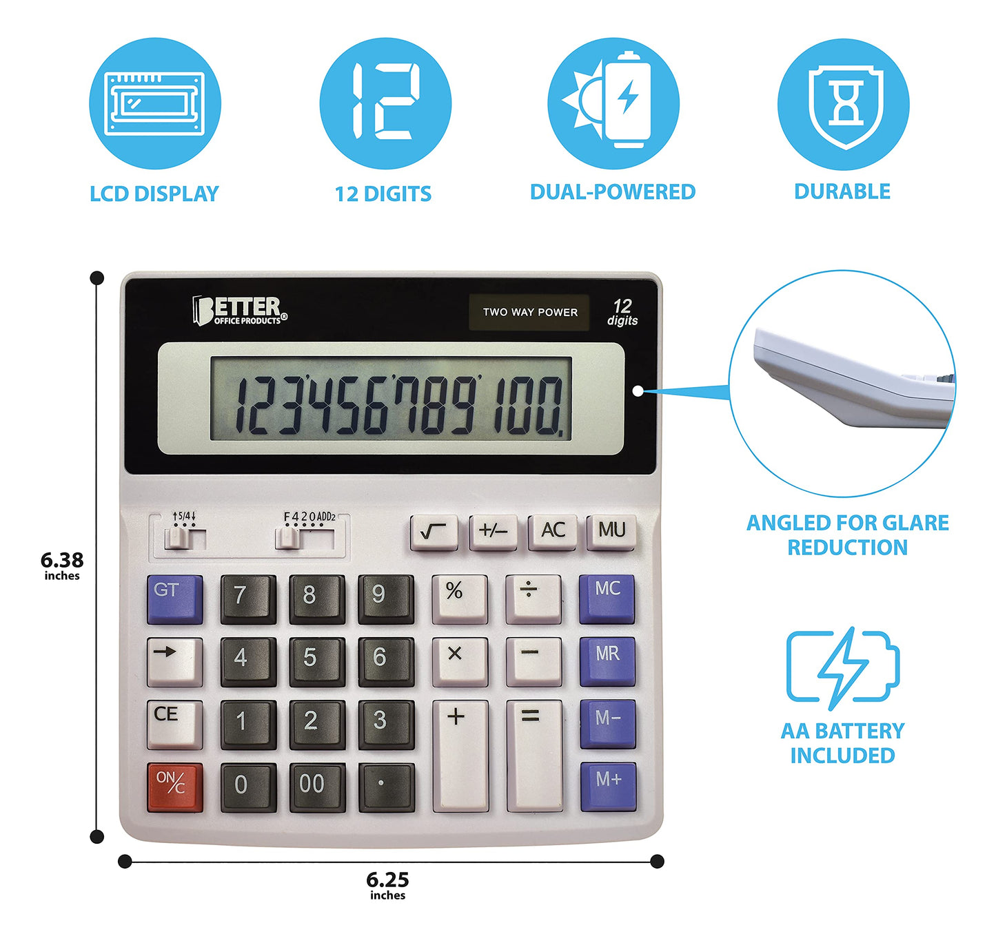 Better Office Products Extra Large Electronic Desktop Calculator, 12-Digit LCD Display, Angled Display Panel, 4 Function Memory Keys, Light Gray, Dual