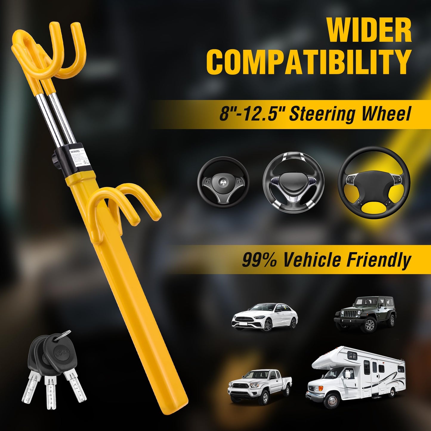WORKPRO Steering Wheel Lock, Heavy Duty Anti-Theft Car Device with Double Hooks, Adjustable Universal Fit for Cars, Trucks and SUVs, Visible Security