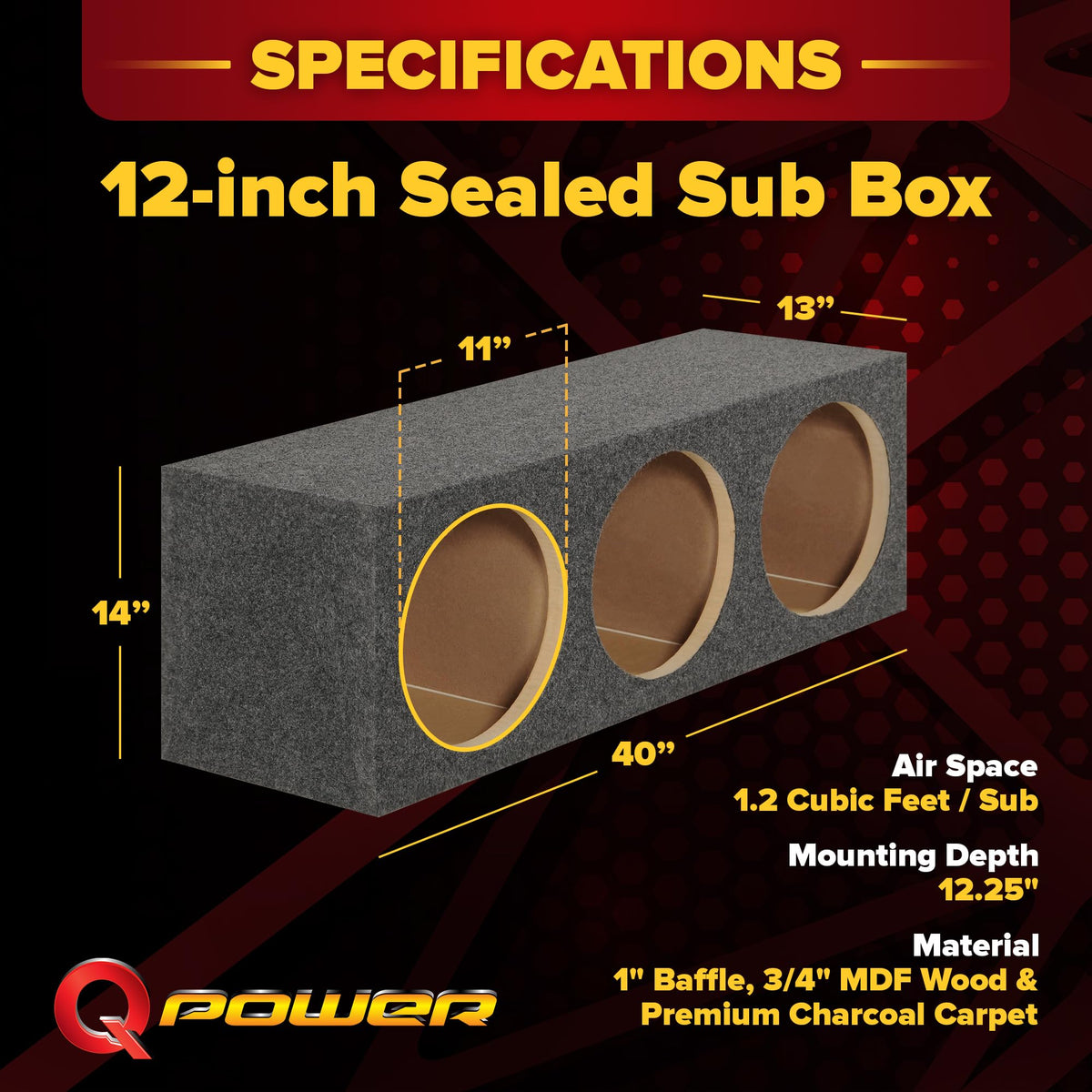 QPower HD12-3HOLE Triple 12-Inch Sealed Subwoofer Box