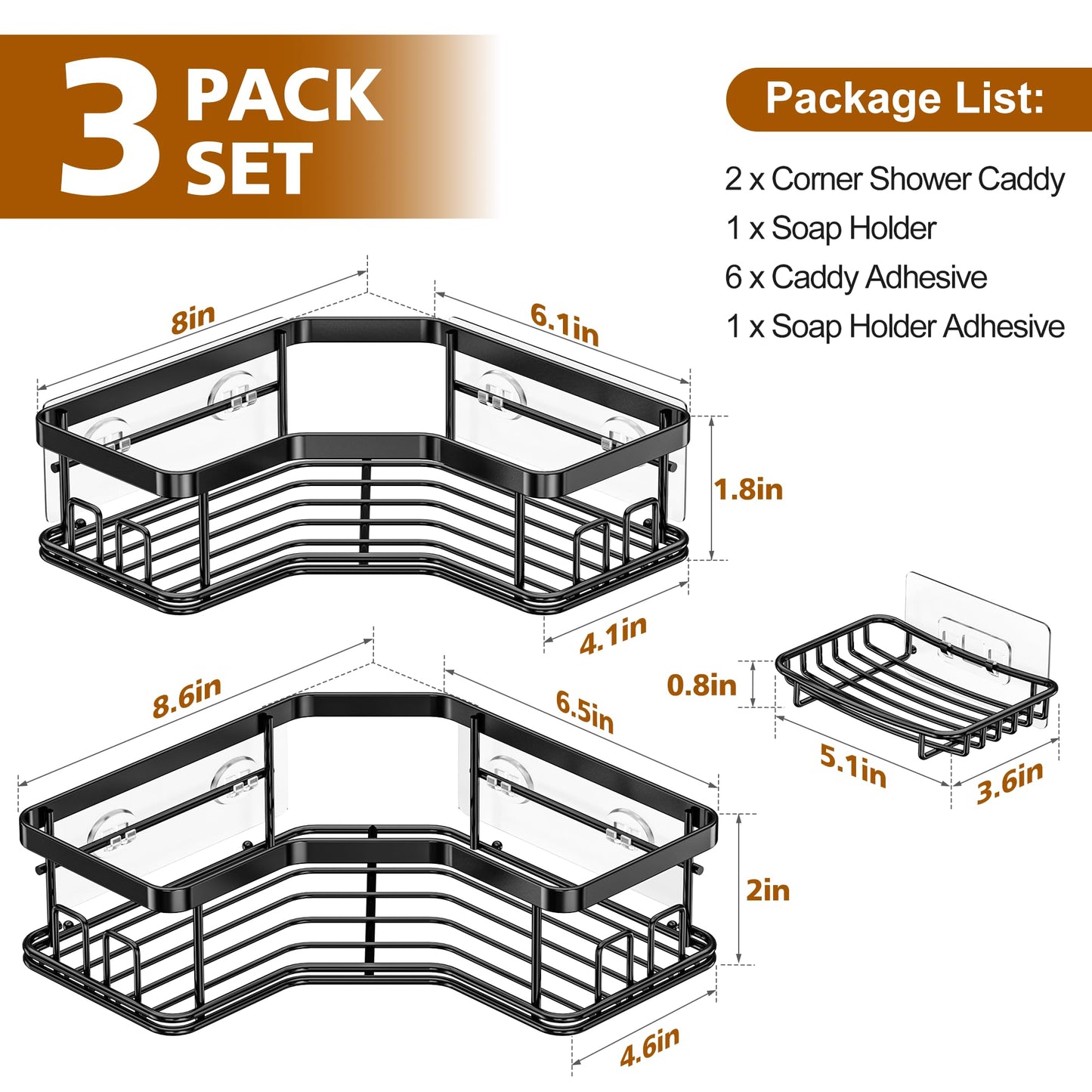 MAXIFFE 3-Pack Corner Shower Caddy with Soap Holder, Large Capacity No-Drill Stainless Steel Organizer, Holds 40 lbs, Bathroom Storage, Black