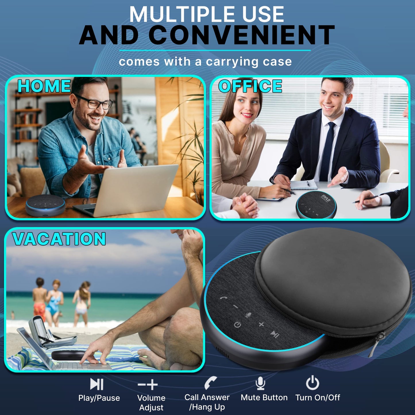 Pyle Portable Conference Speakerphone, Multifunctional Wireless BT Speaker Phone with USB C and Aux Cable, 10m Omnidirectional Microphone Coverage