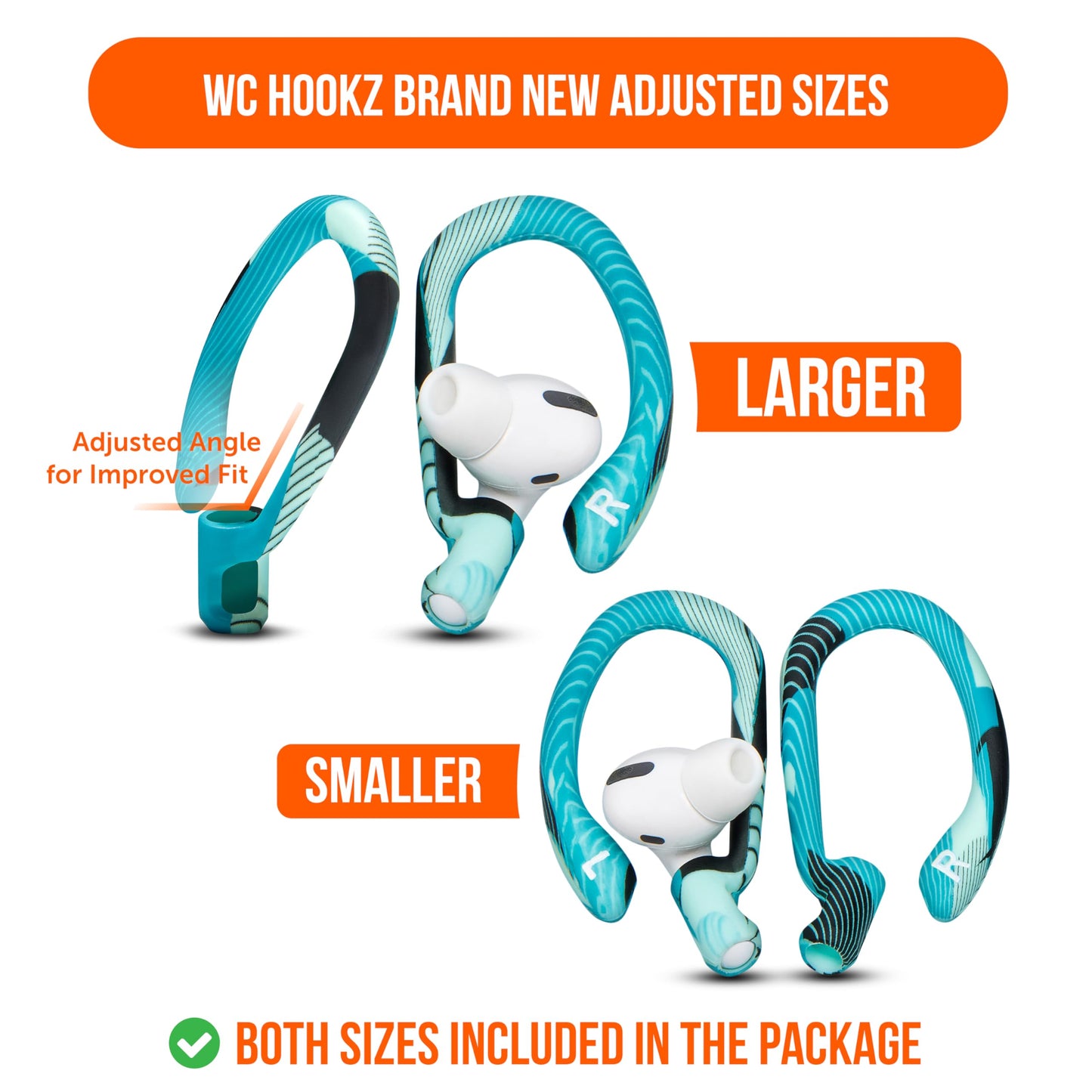 WC HookZ - Patented Upgraded Over Ear Hooks for AirPods Pro 1, 2 & AirPods 1, 2 & 3- Two Size Pairs Included in Package, Unique Left & Right Hook