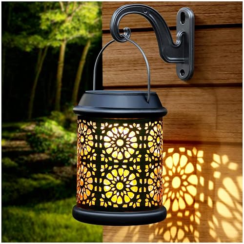 DenicMic Solar Lantern Outdoor Solar Lights Outdoor Hanging Lantern with Handle & Hook Waterproof, 25 Lumen Warm White LED Metal Decorative