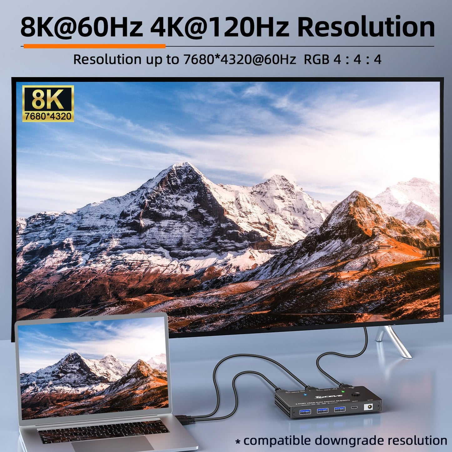 KVM Switch 8K@60Hz,HDMI KVM Switch for 2 Computers Sharing 1 Monitor and 3 USB3.0 Devices, Wired Remote Control and USB Cable Included