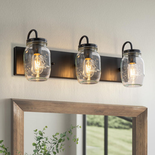 LMSOD Vanity Glass Wall Lights,Mason Jar Black Wall Sconce for Bathroom Farmhouse