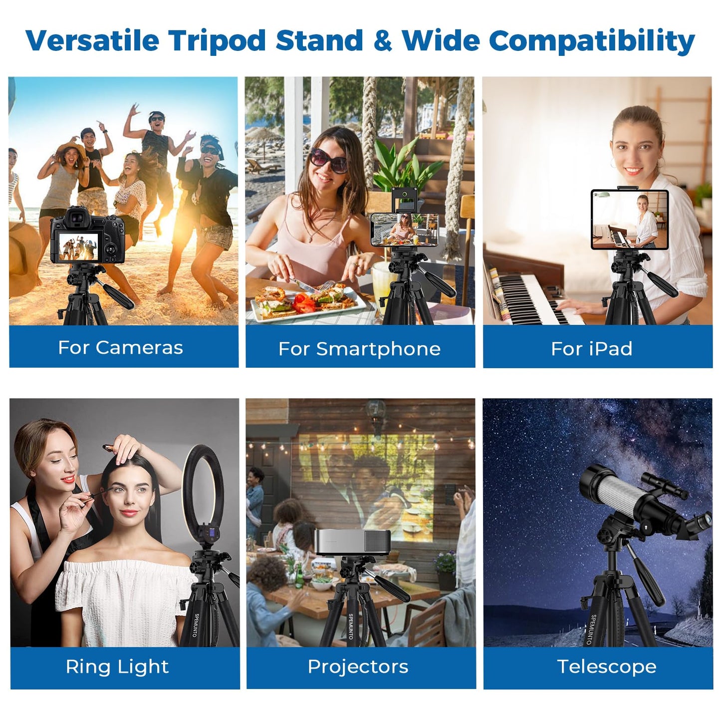 75" Heavy Duty Camera Tripod Stand with Bluetooth Remote - Max Load 15LB, Aluminum Travel Tripod for DSLR/Phone/Tablet/Projector, 3-Way Pan Head