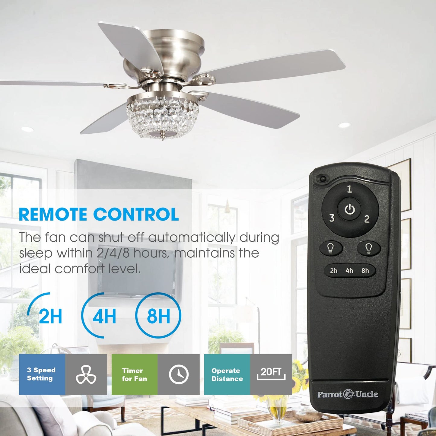 48 Inch Ceiling Fan with Light and Remote, Flush Mount Crystal Ceiling Fan