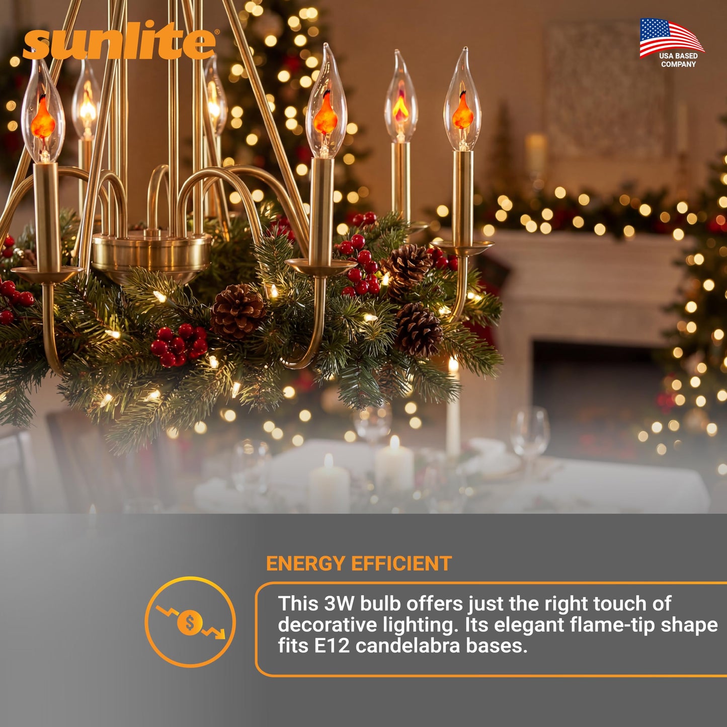 Sunlite Petite Chandelier Flicker Flame Light Bulb Candelabra Base, Orange, for Holiday and Decorative Lighting, E12, Candelabra Base, Clear, 3 Watts