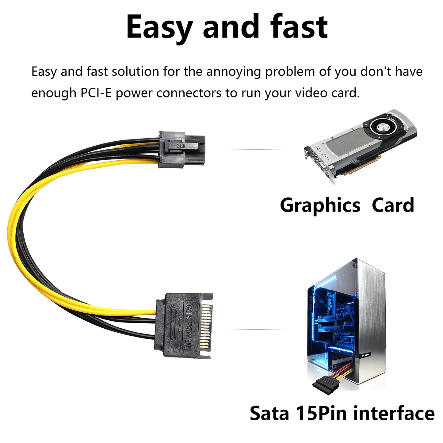GELRHONR SATA to 6 Pin PCIe Power Cable,Sata 15 Pin Male to 6 Pin PCI Express Graphics Video Card Power Cable for Host and Graphics Card-8inch(2PCS)